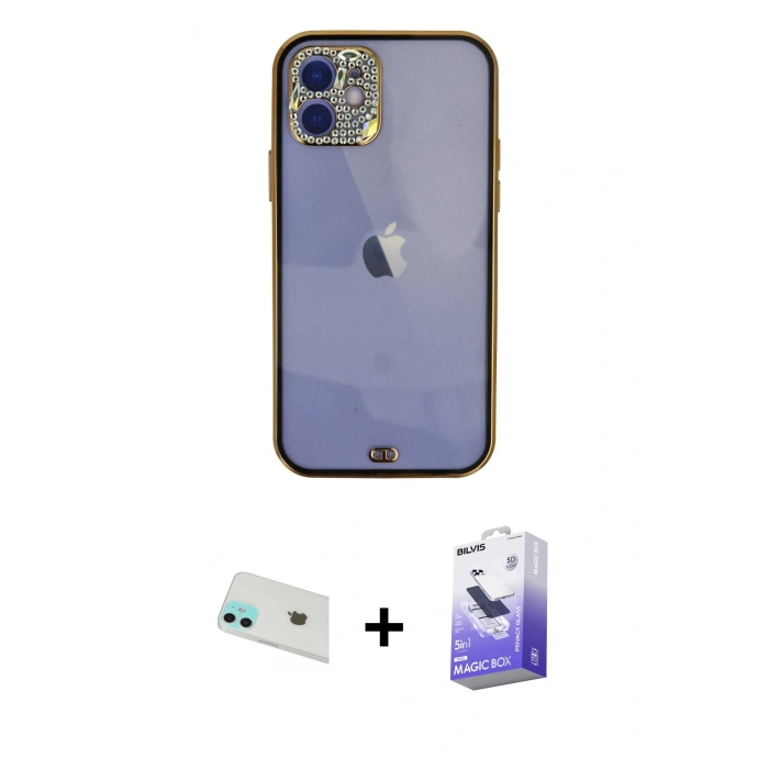 MARSİLYAN™- iPhone 12 Kılıf Eksen Minimal Koleksiyonu - Siyah Bilvis 5in1 5D Magic Hayalet Cam Ekran Koruyucu + Yeşil Rainbow Kamera Lens Koruma Cam