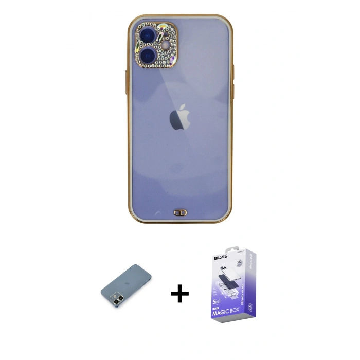 MARSİLYAN™- iPhone 12 Kılıf Eksen Minimal Koleksiyonu - Siyah Bilvis 5in1 5D Magic Hayalet Cam Ekran Koruyucu + Metal Kamera Lens Koruma Cam - AKYL
