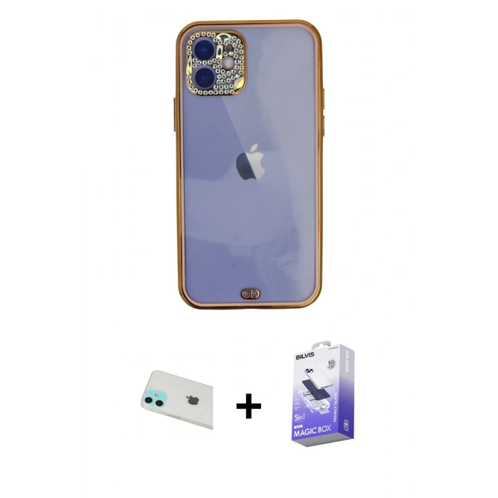MARSİLYAN™- iPhone 12 Kılıf Eksen Minimal Koleksiyonu - Siyah Bilvis 5in1 5D Magic Hayalet Cam Ekran Koruyucu + Yeşil Rainbow Kamera Lens Koruma Cam