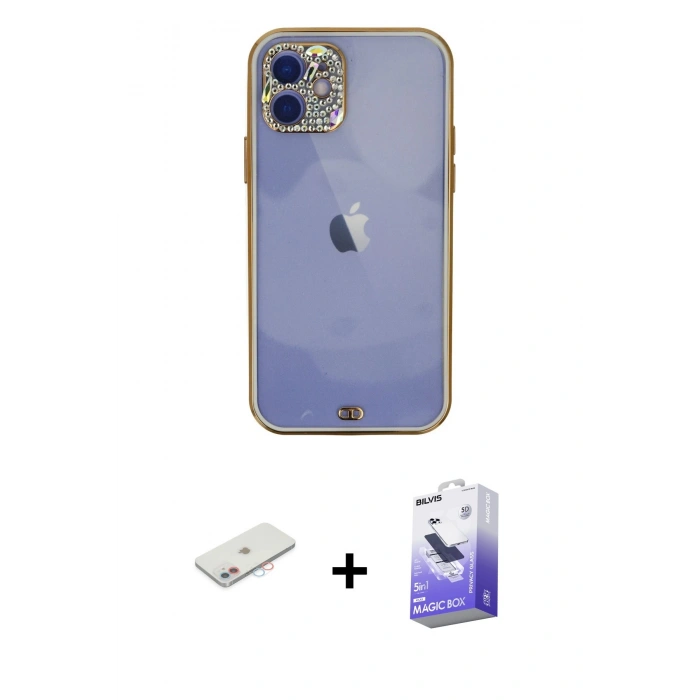MARSİLYAN™- iPhone 12 Kılıf Eksen Minimal Koleksiyonu - Siyah Bilvis 5in1 5D Magic Hayalet Cam Ekran Koruyucu + Renkli Kamera Lens Koruma Cam - PE