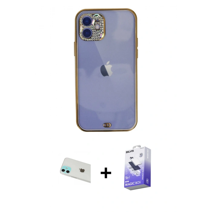 MARSİLYAN™- iPhone 12 Kılıf Eksen Minimal Koleksiyonu - Siyah Bilvis 5in1 5D Magic Hayalet Cam Ekran Koruyucu + Yeşil Rainbow Kamera Lens Koruma Cam