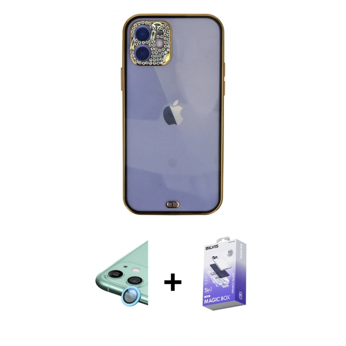 MARSİLYAN™- iPhone 12 Kılıf Eksen Minimal Koleksiyonu - Siyah Bilvis 5in1 5D Magic Hayalet Cam Ekran Koruyucu + Raze Metal Kamera Lens - MI