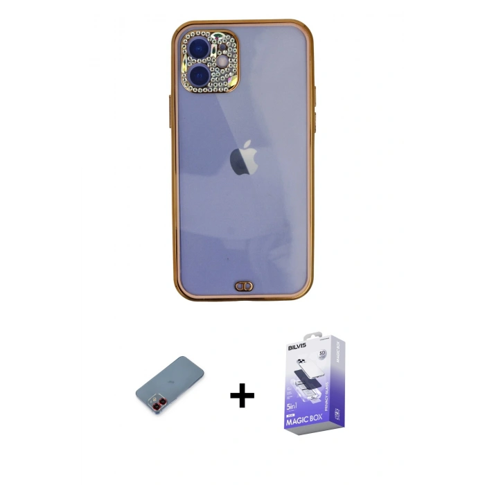 MARSİLYAN™- iPhone 12 Kılıf Eksen Minimal Koleksiyonu - Siyah Bilvis 5in1 5D Magic Hayalet Cam Ekran Koruyucu + Metal Kamera Lens Koruma Cam - KI