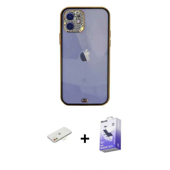 MARSİLYAN™- iPhone 12 Kılıf Eksen Minimal Koleksiyonu - Siyah Bilvis 5in1 5D Magic Hayalet Cam Ekran Koruyucu + Renkli Kamera Lens Koruma Cam - SI