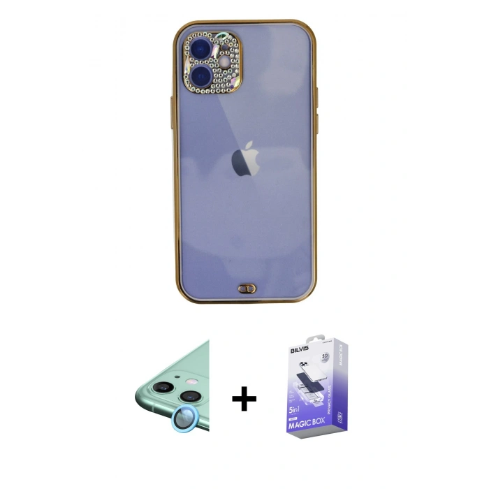 MARSİLYAN™- iPhone 12 Kılıf Eksen Minimal Koleksiyonu - Siyah Bilvis 5in1 5D Magic Hayalet Cam Ekran Koruyucu + Raze Metal Kamera Lens - MI