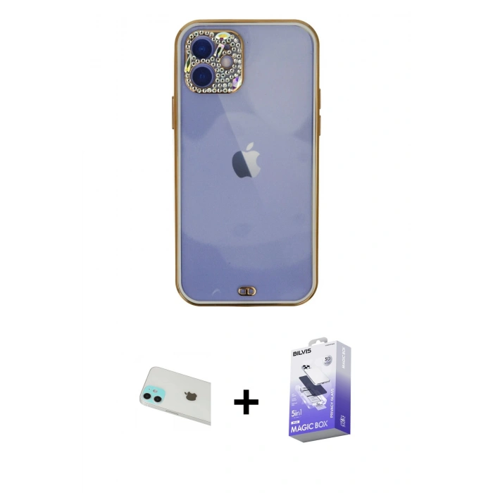 MARSİLYAN™- iPhone 12 Kılıf Eksen Minimal Koleksiyonu - Siyah Bilvis 5in1 5D Magic Hayalet Cam Ekran Koruyucu + Yeşil Rainbow Kamera Lens Koruma Cam