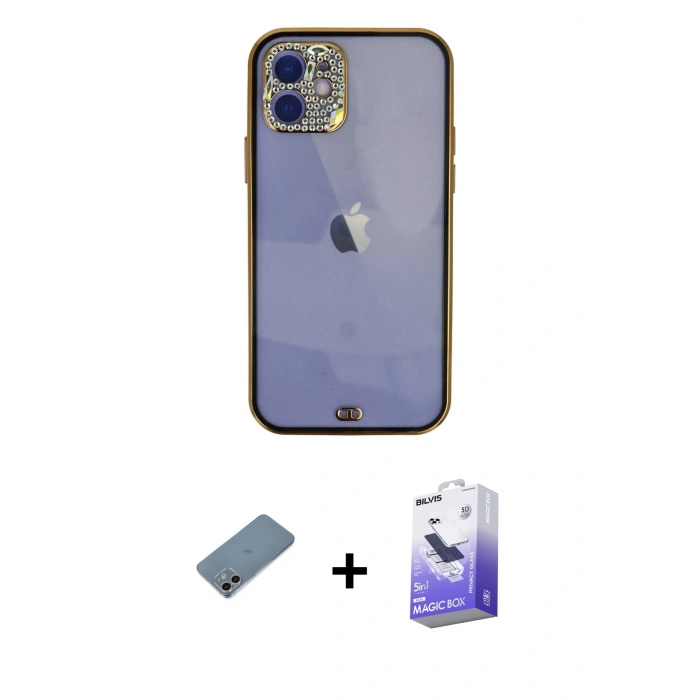MARSİLYAN™- iPhone 12 Kılıf Eksen Minimal Koleksiyonu - Siyah Bilvis 5in1 5D Magic Hayalet Cam Ekran Koruyucu + Shine Kamera Lens Koruma Cam - GI