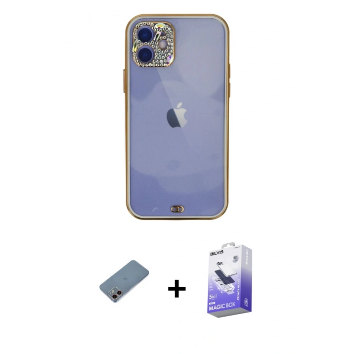 MARSİLYAN™- iPhone 12 Kılıf Eksen Minimal Koleksiyonu - Siyah Bilvis 5in1 5D Magic Hayalet Cam Ekran Koruyucu + Pembe Shine Kamera Lens Koruma Cam