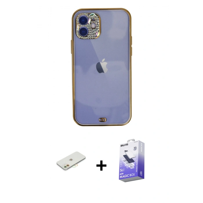 MARSİLYAN™- iPhone 12 Kılıf Eksen Minimal Koleksiyonu - Siyah Bilvis 5in1 5D Magic Hayalet Cam Ekran Koruyucu + Renkli Kamera Lens Koruma Cam - TU