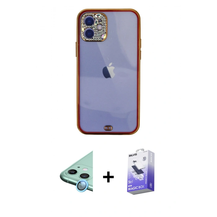 MARSİLYAN™- iPhone 12 Kılıf Eksen Minimal Koleksiyonu - Siyah Bilvis 5in1 5D Magic Hayalet Cam Ekran Koruyucu + Raze Metal Kamera Lens - MI