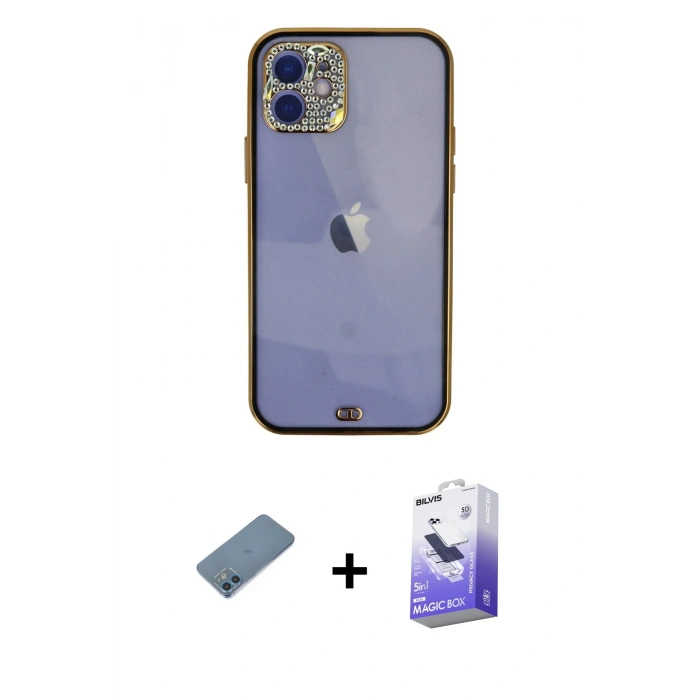 MARSİLYAN™- iPhone 12 Kılıf Eksen Minimal Koleksiyonu - Siyah Bilvis 5in1 5D Magic Hayalet Cam Ekran Koruyucu + Shine Kamera Lens Koruma Cam - MI