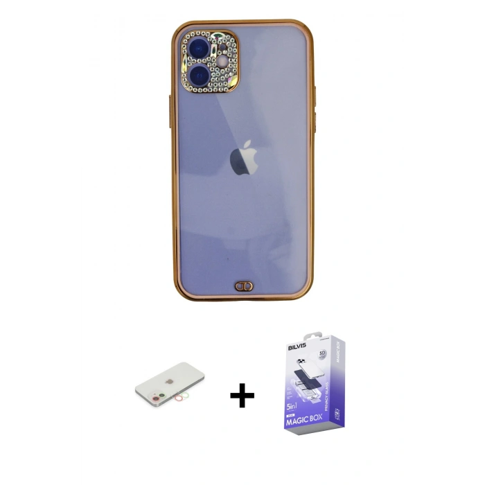 MARSİLYAN™- iPhone 12 Kılıf Eksen Minimal Koleksiyonu - Siyah Bilvis 5in1 5D Magic Hayalet Cam Ekran Koruyucu + Renkli Kamera Lens Koruma Cam - YL