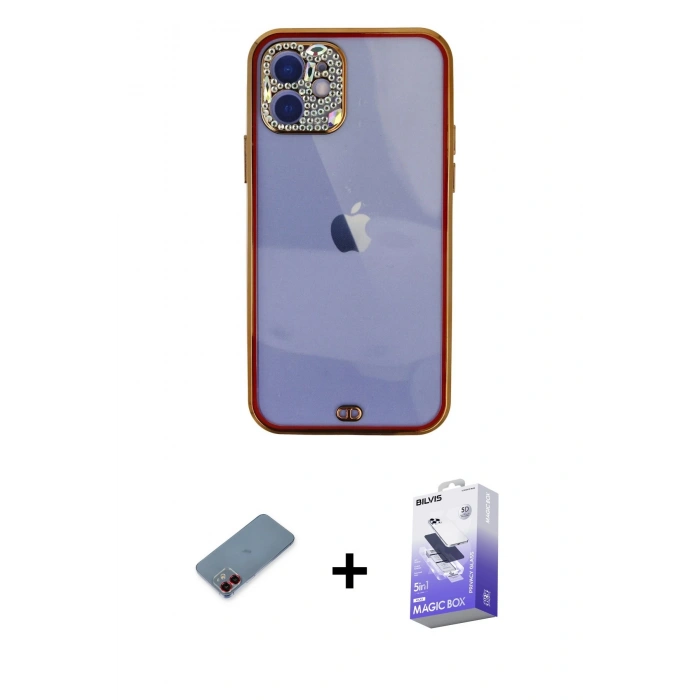 MARSİLYAN™- iPhone 12 Kılıf Eksen Minimal Koleksiyonu - Siyah Bilvis 5in1 5D Magic Hayalet Cam Ekran Koruyucu + Metal Kamera Lens Koruma Cam - KI