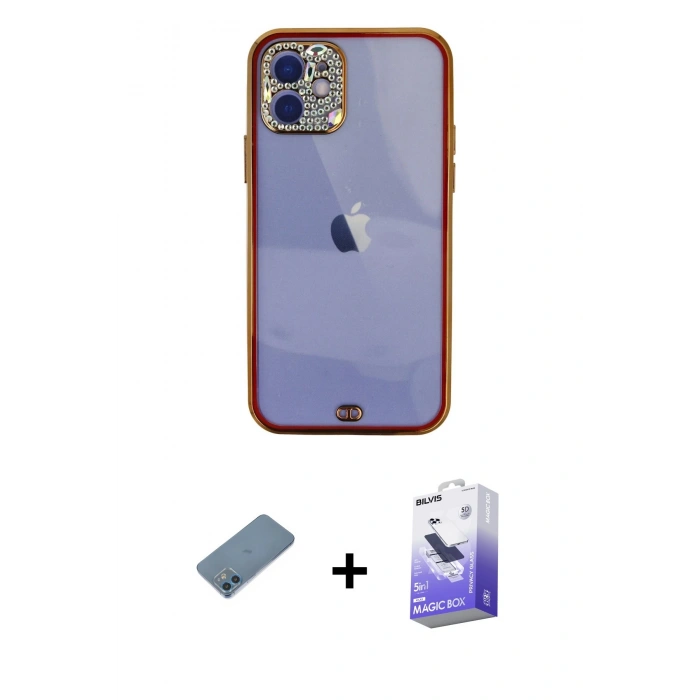 MARSİLYAN™- iPhone 12 Kılıf Eksen Minimal Koleksiyonu - Siyah Bilvis 5in1 5D Magic Hayalet Cam Ekran Koruyucu + Shine Kamera Lens Koruma Cam - MI