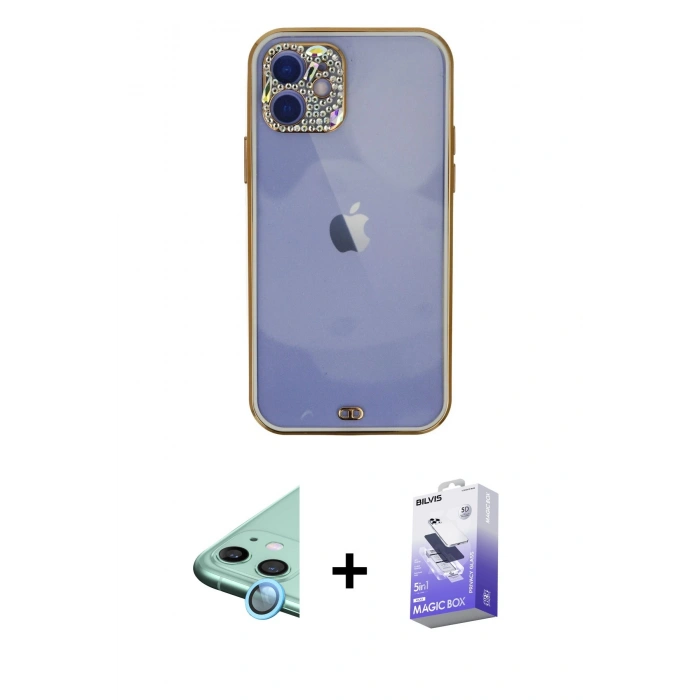 MARSİLYAN™- iPhone 12 Kılıf Eksen Minimal Koleksiyonu - Siyah Bilvis 5in1 5D Magic Hayalet Cam Ekran Koruyucu + Raze Metal Kamera Lens - MI
