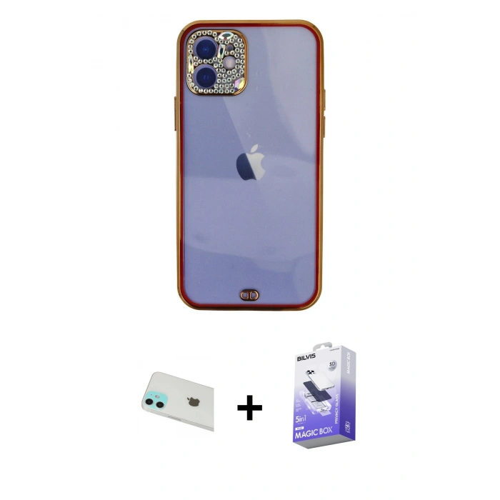 MARSİLYAN™- iPhone 12 Kılıf Eksen Minimal Koleksiyonu - Siyah Bilvis 5in1 5D Magic Hayalet Cam Ekran Koruyucu + Yeşil Rainbow Kamera Lens Koruma Cam