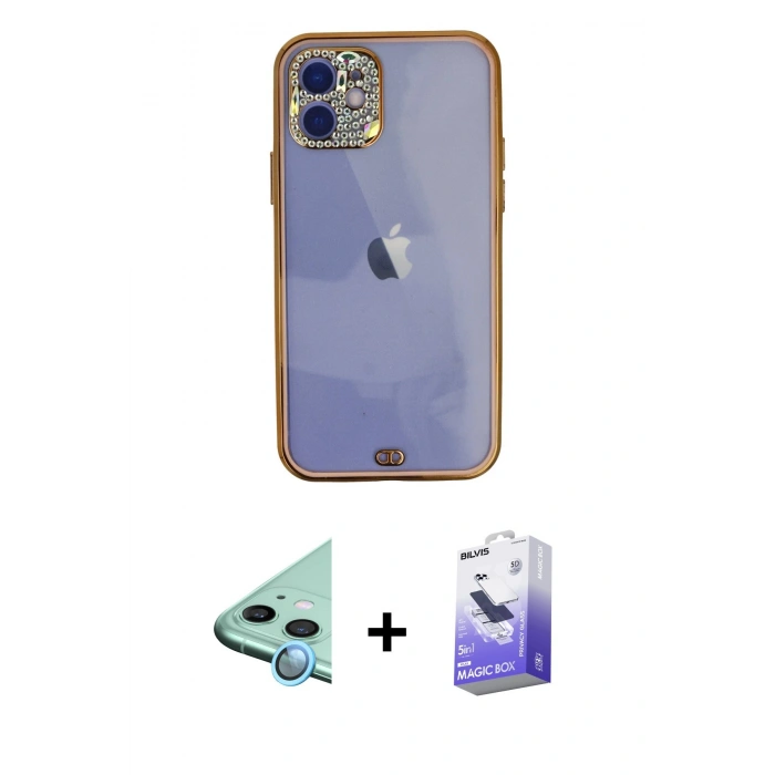 MARSİLYAN™- iPhone 12 Kılıf Eksen Minimal Koleksiyonu - Siyah Bilvis 5in1 5D Magic Hayalet Cam Ekran Koruyucu + Raze Metal Kamera Lens - MI