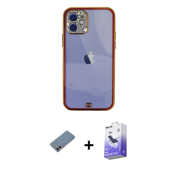 MARSİLYAN™- iPhone 12 Kılıf Eksen Minimal Koleksiyonu - Siyah Bilvis 5in1 5D Magic Hayalet Cam Ekran Koruyucu + Pembe Shine Kamera Lens Koruma Cam