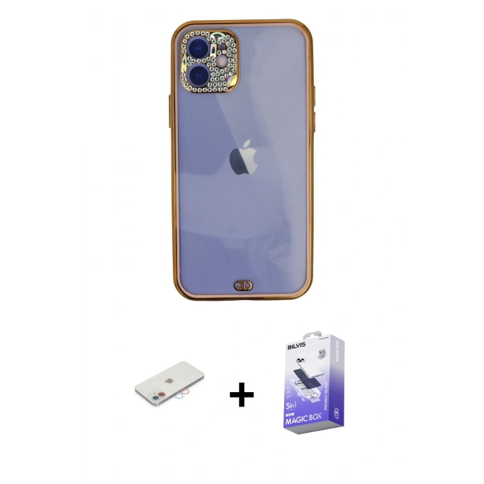 MARSİLYAN™- iPhone 12 Kılıf Eksen Minimal Koleksiyonu - Siyah Bilvis 5in1 5D Magic Hayalet Cam Ekran Koruyucu + Renkli Kamera Lens Koruma Cam - PE