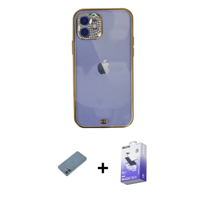 MARSİLYAN™- iPhone 12 Kılıf Eksen Minimal Koleksiyonu - Siyah Bilvis 5in1 5D Magic Hayalet Cam Ekran Koruyucu + Shine Kamera Lens Koruma Cam - MI