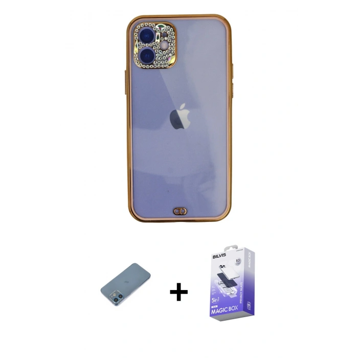 MARSİLYAN™- iPhone 12 Kılıf Eksen Minimal Koleksiyonu - Siyah Bilvis 5in1 5D Magic Hayalet Cam Ekran Koruyucu + Shine Kamera Lens Koruma Cam - MI