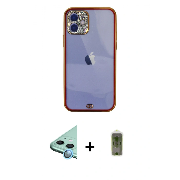 MARSİLYAN™- iPhone 12 Kılıf Eksen Minimal Koleksiyonu - Siyah Joko Magic 5D Hayalet Cam + Mavi Raze Metal Kamera Lens