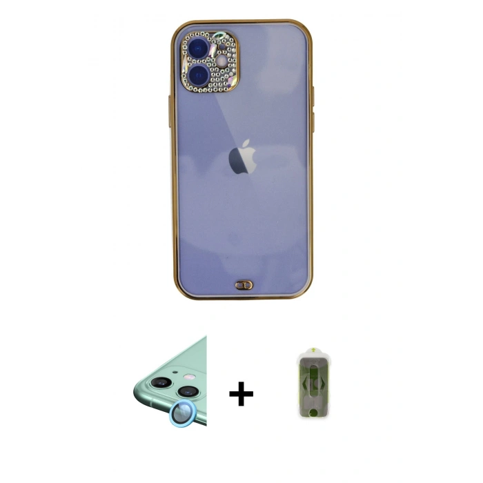 MARSİLYAN™- iPhone 12 Kılıf Eksen Minimal Koleksiyonu - Siyah Joko Magic 5D Hayalet Cam + Mavi Raze Metal Kamera Lens