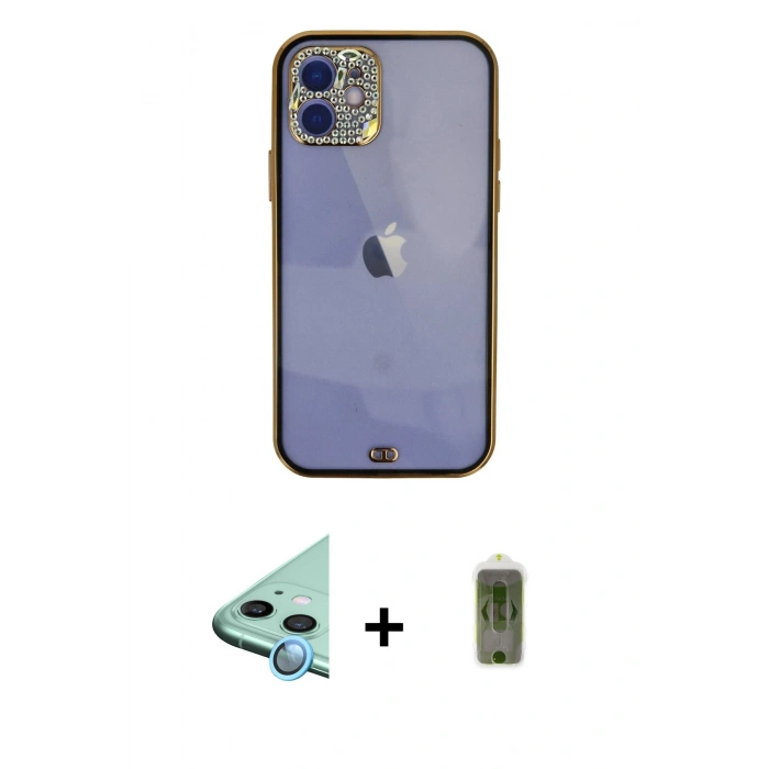 MARSİLYAN™- iPhone 12 Kılıf Eksen Minimal Koleksiyonu - Siyah Joko Magic 5D Hayalet Cam + Mavi Raze Metal Kamera Lens