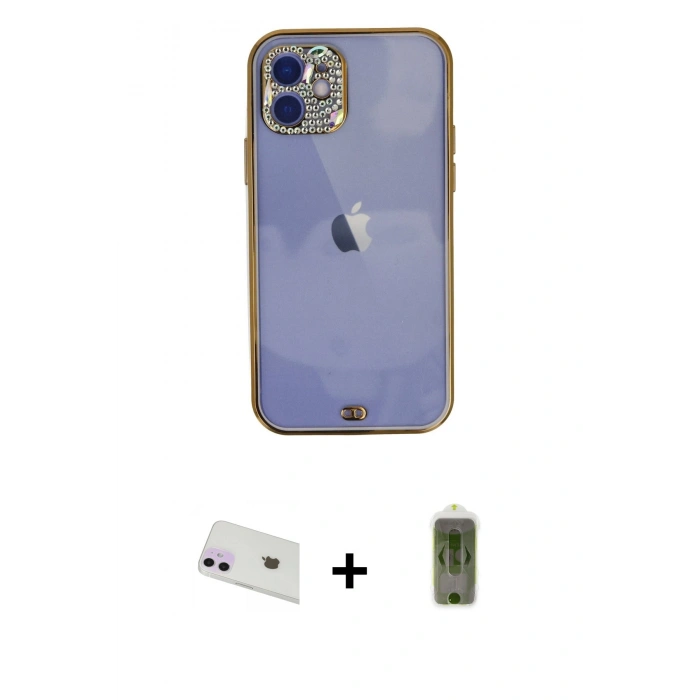 MARSİLYAN™- iPhone 12 Kılıf Eksen Minimal Koleksiyonu - Siyah Joko Magic 5D Hayalet Cam + Rainbow Kamera Lens Koruma Cam - MR