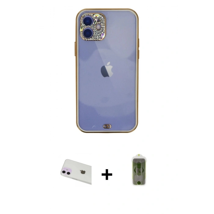 MARSİLYAN™- iPhone 12 Kılıf Eksen Minimal Koleksiyonu - Siyah Joko Magic 5D Hayalet Cam + Rainbow Kamera Lens Koruma Cam - MR