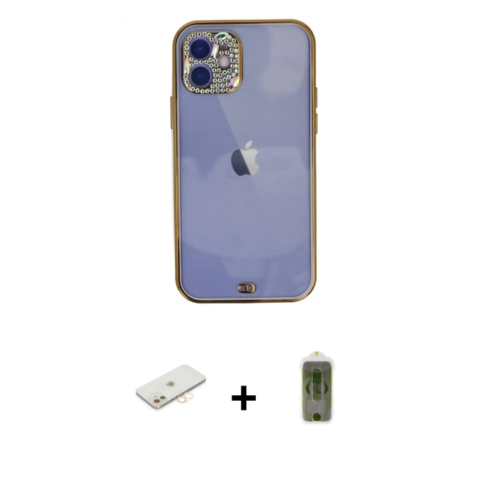 MARSİLYAN™- iPhone 12 Kılıf Eksen Minimal Koleksiyonu - Siyah Joko Magic 5D Hayalet Cam + Renkli Kamera Lens Koruma Cam - SI