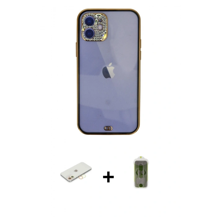 MARSİLYAN™- iPhone 12 Kılıf Eksen Minimal Koleksiyonu - Siyah Joko Magic 5D Hayalet Cam + Renkli Kamera Lens Koruma Cam - SI