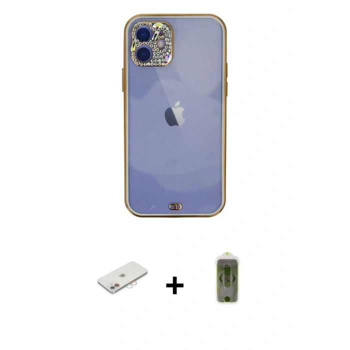 MARSİLYAN™- iPhone 12 Kılıf Eksen Minimal Koleksiyonu - Siyah Joko Magic 5D Hayalet Cam + Renkli Kamera Lens Koruma Cam - PE