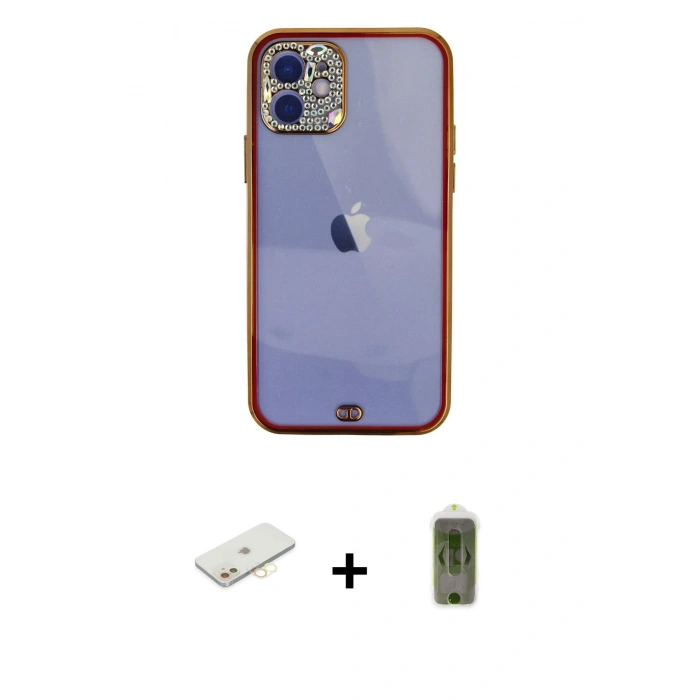 MARSİLYAN™- iPhone 12 Kılıf Eksen Minimal Koleksiyonu - Siyah Joko Magic 5D Hayalet Cam + Renkli Kamera Lens Koruma Cam - SI