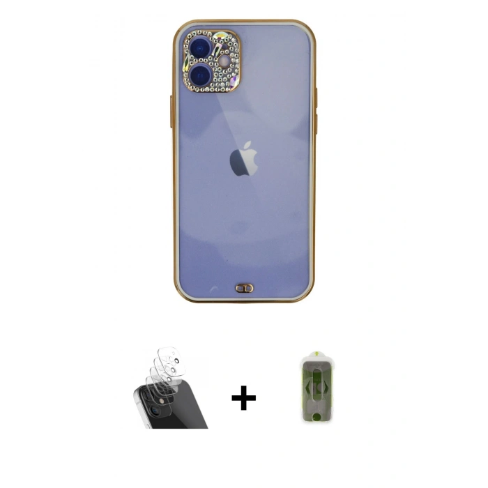MARSİLYAN™- iPhone 12 Kılıf Eksen Minimal Koleksiyonu - Siyah Joko Magic 5D Hayalet Cam + Kamera Lens Koruma Cam - SF