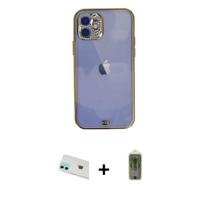 MARSİLYAN™- iPhone 12 Kılıf Eksen Minimal Koleksiyonu - Siyah Joko Magic 5D Hayalet Cam + Rainbow Kamera Lens Koruma Cam - YL