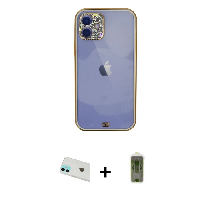 MARSİLYAN™- iPhone 12 Kılıf Eksen Minimal Koleksiyonu - Siyah Joko Magic 5D Hayalet Cam + Rainbow Kamera Lens Koruma Cam - YL