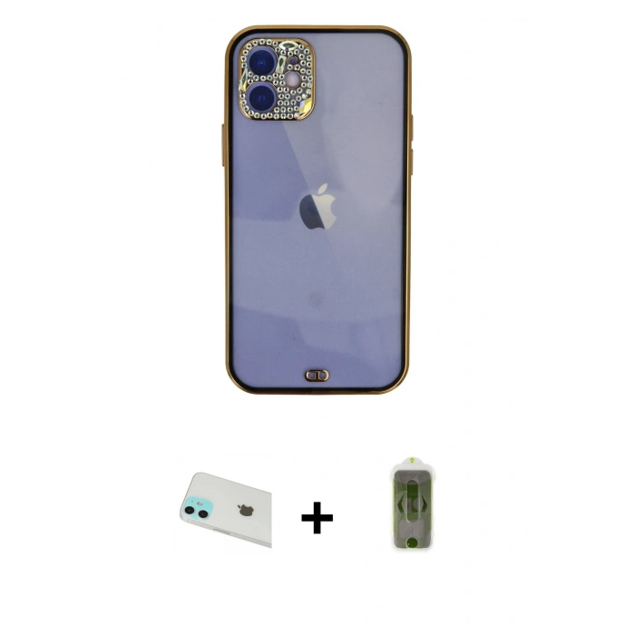 MARSİLYAN™- iPhone 12 Kılıf Eksen Minimal Koleksiyonu - Siyah Joko Magic 5D Hayalet Cam + Rainbow Kamera Lens Koruma Cam - YL