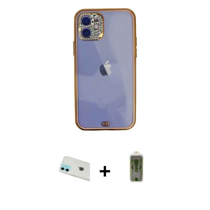 MARSİLYAN™- iPhone 12 Kılıf Eksen Minimal Koleksiyonu - Siyah Joko Magic 5D Hayalet Cam + Rainbow Kamera Lens Koruma Cam - YL