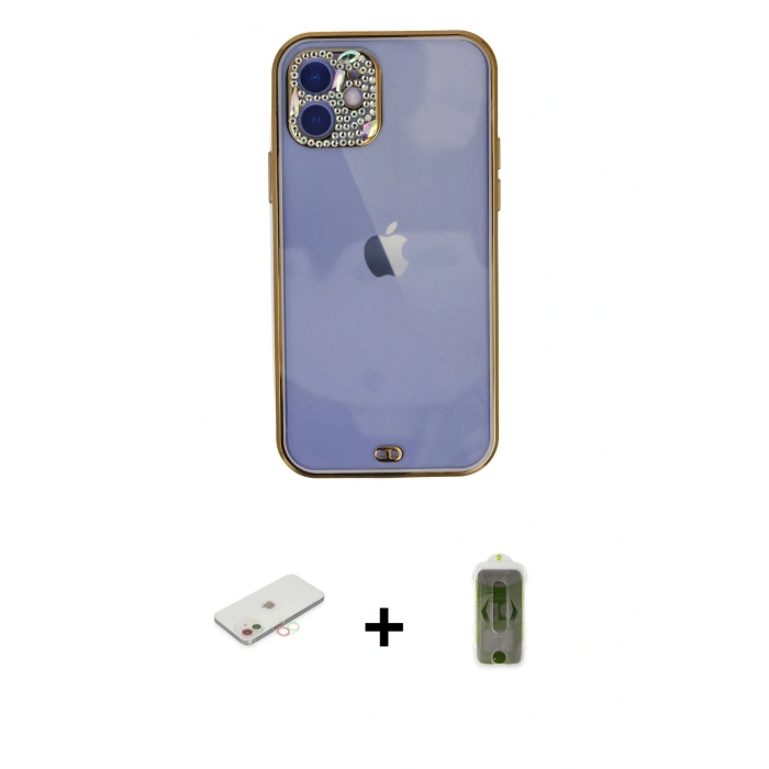 MARSİLYAN™- iPhone 12 Kılıf Eksen Minimal Koleksiyonu - Siyah Joko Magic 5D Hayalet Cam + Renkli Kamera Lens Koruma Cam - YL