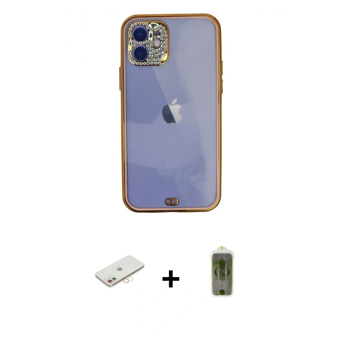 MARSİLYAN™- iPhone 12 Kılıf Eksen Minimal Koleksiyonu - Siyah Joko Magic 5D Hayalet Cam + Renkli Kamera Lens Koruma Cam - YL