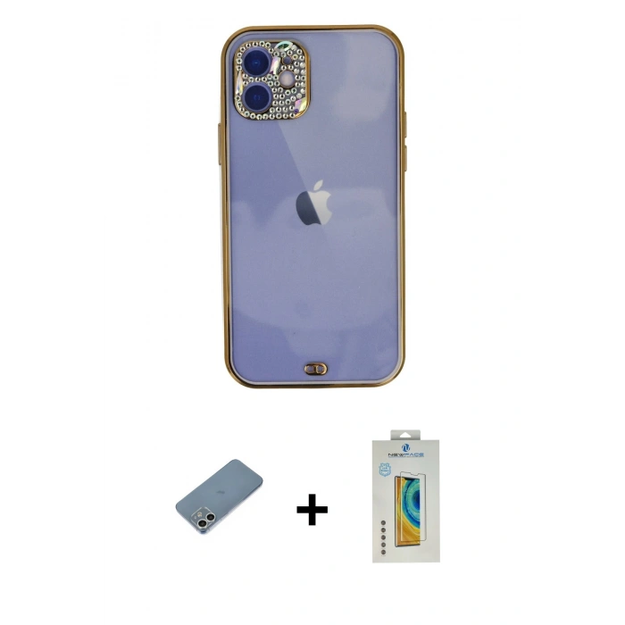 MARSİLYAN™- iPhone 12 Kılıf Eksen Minimal Koleksiyonu - Siyah Polymer Nano Ekran Koruyucu + Shine Kamera Lens Koruma Cam - GS