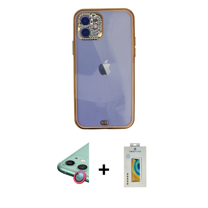 MARSİLYAN™- iPhone 12 Kılıf Eksen Minimal Koleksiyonu - Siyah Polymer Nano Ekran Koruyucu + Raze Metal Kamera Lens - KI