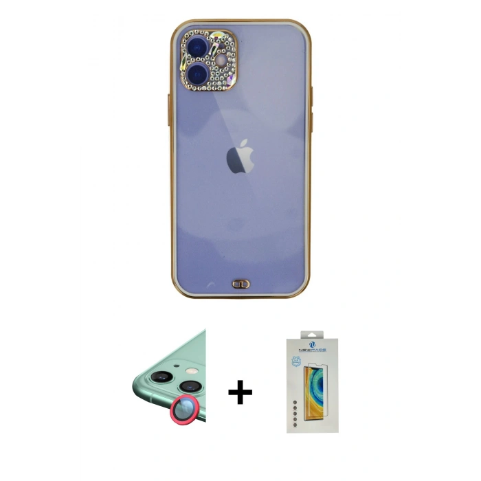 MARSİLYAN™- iPhone 12 Kılıf Eksen Minimal Koleksiyonu - Siyah Polymer Nano Ekran Koruyucu + Raze Metal Kamera Lens - KI