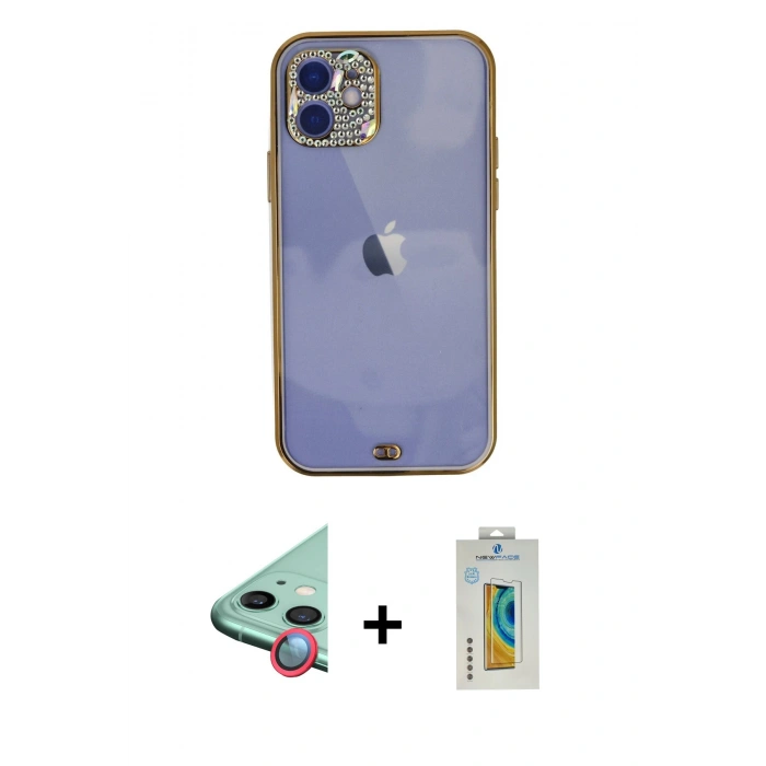 MARSİLYAN™- iPhone 12 Kılıf Eksen Minimal Koleksiyonu - Siyah Polymer Nano Ekran Koruyucu + Raze Metal Kamera Lens - KI