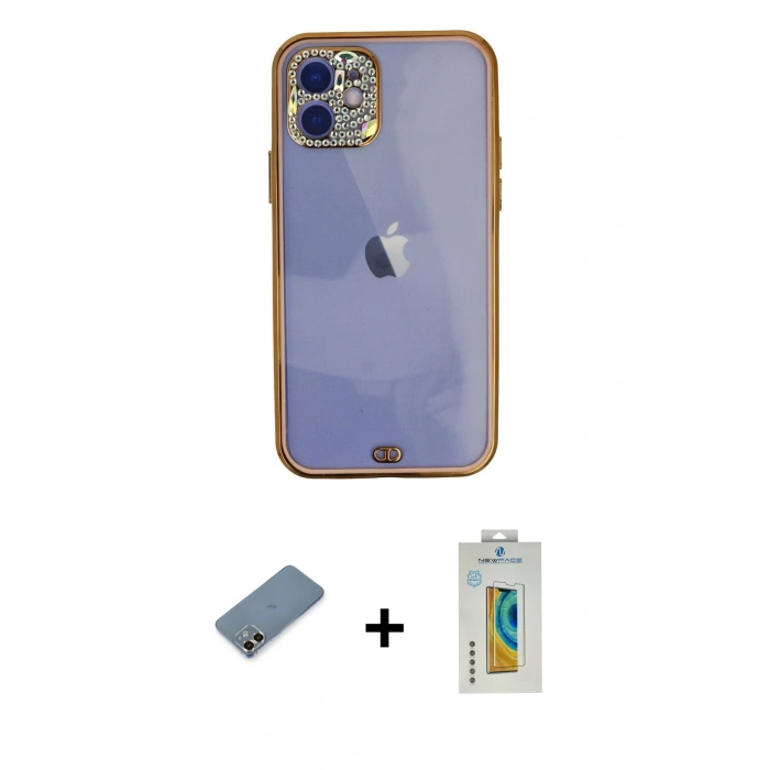 MARSİLYAN™- iPhone 12 Kılıf Eksen Minimal Koleksiyonu - Siyah Polymer Nano Ekran Koruyucu + Metal Kamera Lens Koruma Cam - GD