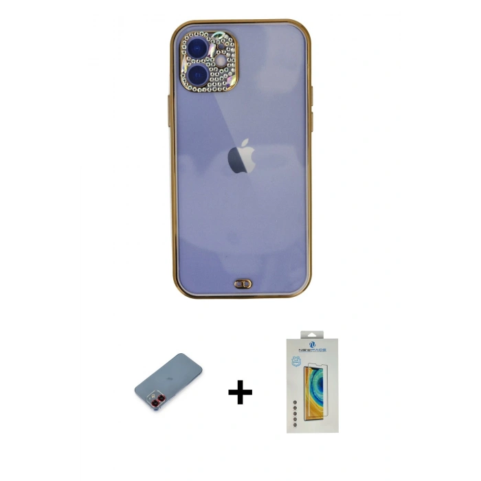 MARSİLYAN™- iPhone 12 Kılıf Eksen Minimal Koleksiyonu - Siyah Polymer Nano Ekran Koruyucu + Metal Kamera Lens Koruma Cam - KI