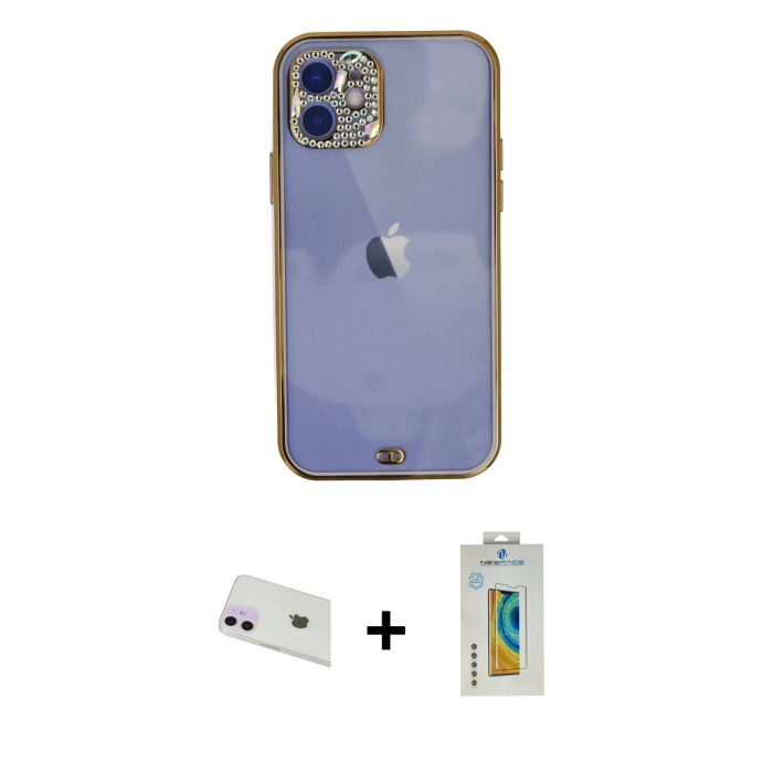 MARSİLYAN™- iPhone 12 Kılıf Eksen Minimal Koleksiyonu - Siyah Polymer Nano Ekran Koruyucu + Rainbow Kamera Lens Koruma Cam - MR
