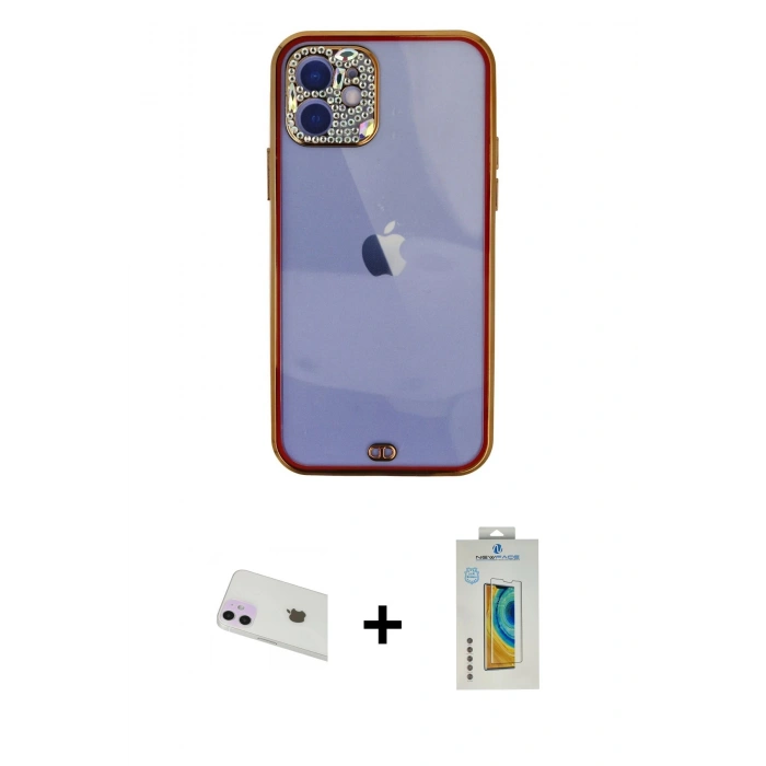 MARSİLYAN™- iPhone 12 Kılıf Eksen Minimal Koleksiyonu - Siyah Polymer Nano Ekran Koruyucu + Rainbow Kamera Lens Koruma Cam - MR