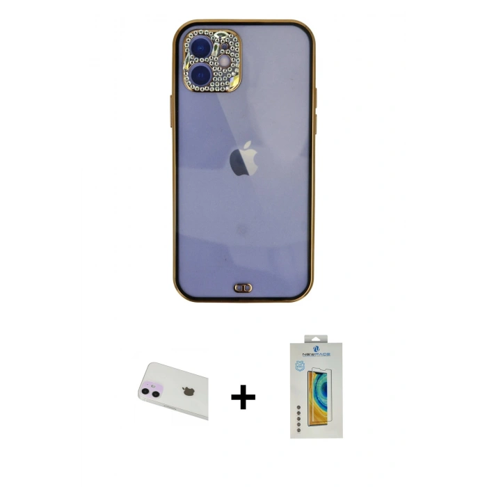 MARSİLYAN™- iPhone 12 Kılıf Eksen Minimal Koleksiyonu - Siyah Polymer Nano Ekran Koruyucu + Rainbow Kamera Lens Koruma Cam - MR